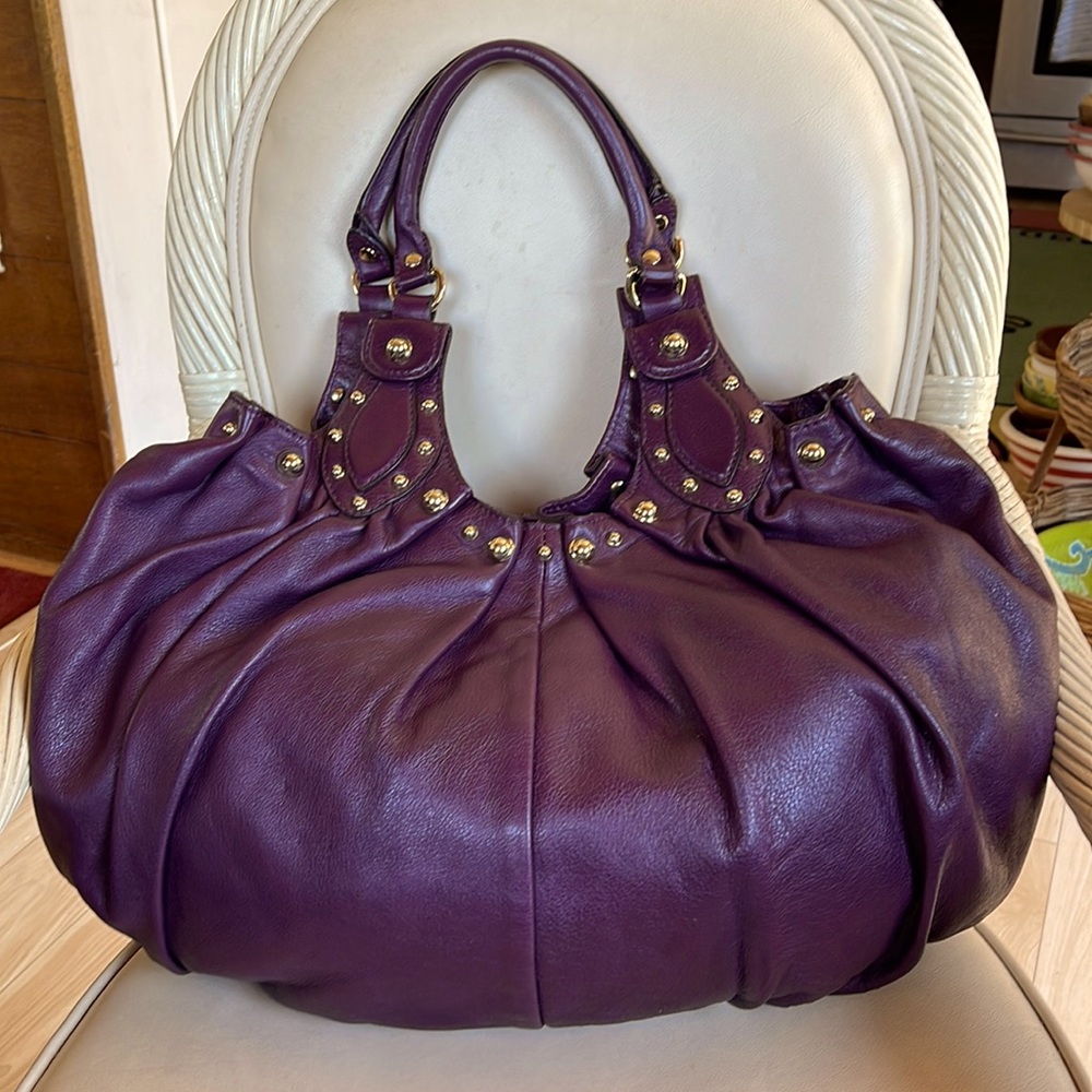 Authentic GUCCI Pelham Purple Studded Calfskin Leather Hobo Bag. Large.